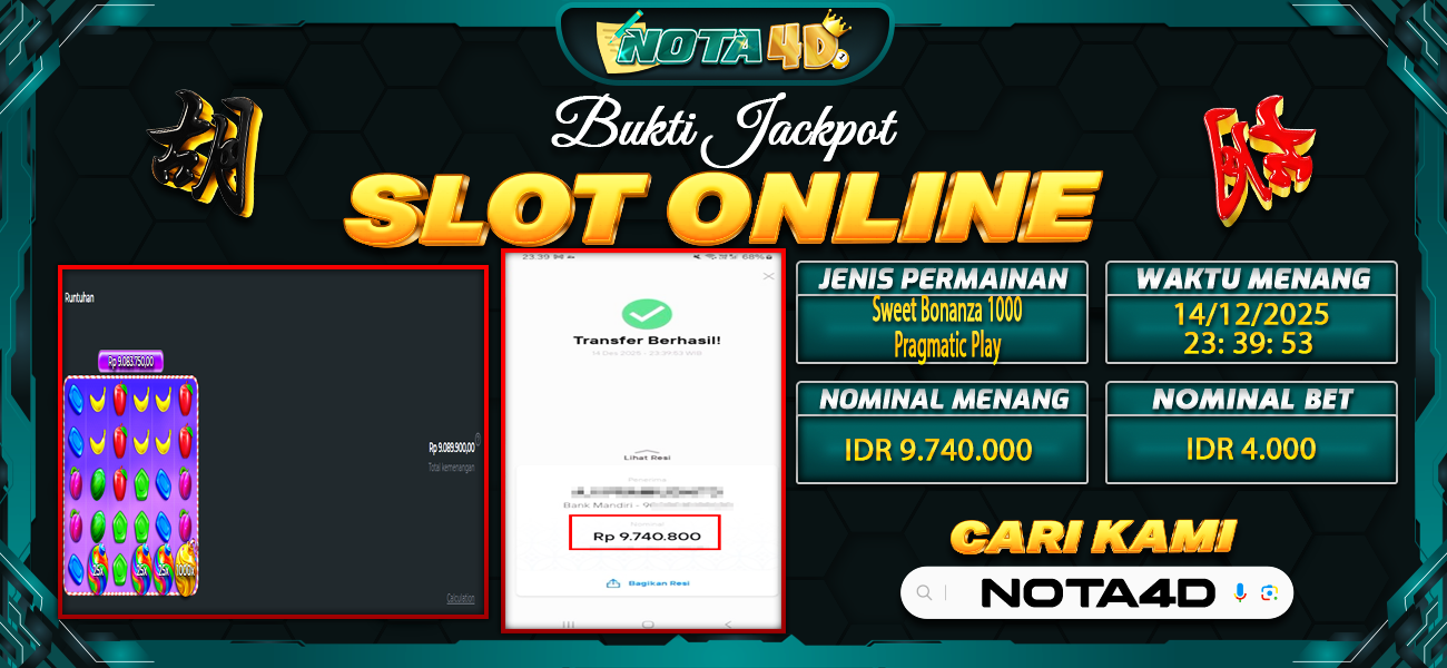 Bukti Kemenangan Besar Dibayar lunas Member NOTA4D RP 9.740.000, 16 Desember 2025